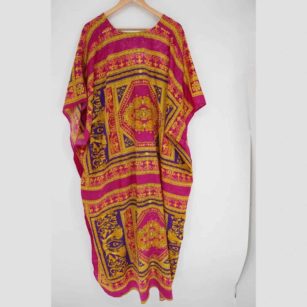 Vintage Satin Kaftan Maxi Dress Womens OS Mrs Roper Beachy  Pink Geometric Flowy